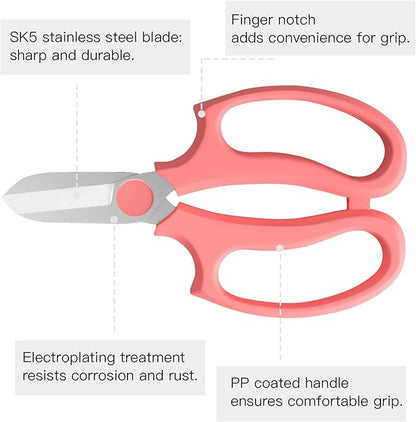 Housolution Flower Scissors, Strong Floral Shears, Premium Steel Garden Pruning Shears Floral Fruits Leaf Scissors Hand Pruner Snip Trimming Tool for Gardening Flower Arrangement, Pink