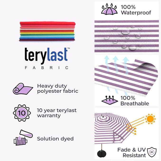 Midtown Umbrellas Push and Pop 9 Feet Outdoor Umbrella, Purple/White Stripes Polyester Fabric - Fiberglass Ribs Deck Patio Umbrella, Backyard Umbrella, Garden Umbrella & Pool Umbrella - Black Pole