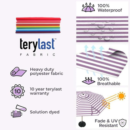 Midtown Umbrellas Push and Pop 9 Feet Outdoor Umbrella, Purple/White Stripes Polyester Fabric - Fiberglass Ribs Deck Patio Umbrella, Backyard Umbrella, Garden Umbrella & Pool Umbrella - Black Pole