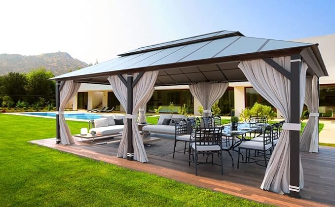 YOLENY 12' X 20' Hardtop Gazebo, Aluminum Composite Ventilation Double Roof Permanent Outdoor Pavilion Pergola Party Tent for Patio, Lawn, Garden, Poolside, Curtains and Netting Included
