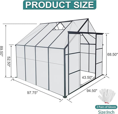 Favfurish 8X8 FT Greenhouses for Outdoors,Polycarbonate Greenhouse, Aluminum Heavy Duty Walk-in Green Houses, Adjustable Roof, Raised Base and Double Sliding Door for Outside Backyard, Black
