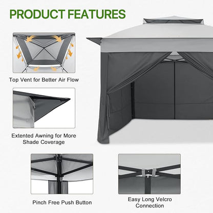 COOS BAY 11x11 Pop-up Instant Gazebo Tent with 4 Sidewalls Outdoor Canopy Shelter with Carry Bag, Stakes and Ropes, Gray