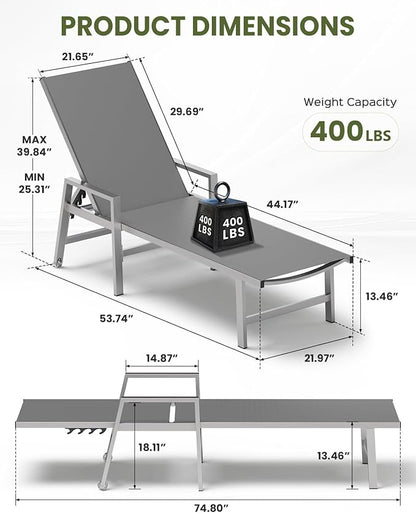 Patio Chaise Lounge Chair Outdoor with Wheels&Armrests, Aluminum Pool Lounge Chairs Set of 2 Five-Position Adjustable Recliner, Outdoor Beach Lounge Chairs for Poolside, Patio, Deck, Yard, Dark Gray