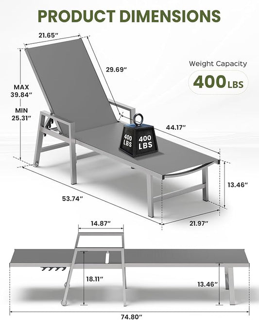 Patio Chaise Lounge Chair Outdoor with Wheels&Armrests, Aluminum Pool Lounge Chairs Set of 2 Five-Position Adjustable Recliner, Outdoor Beach Lounge Chairs for Poolside, Patio, Deck, Yard, Dark Gray