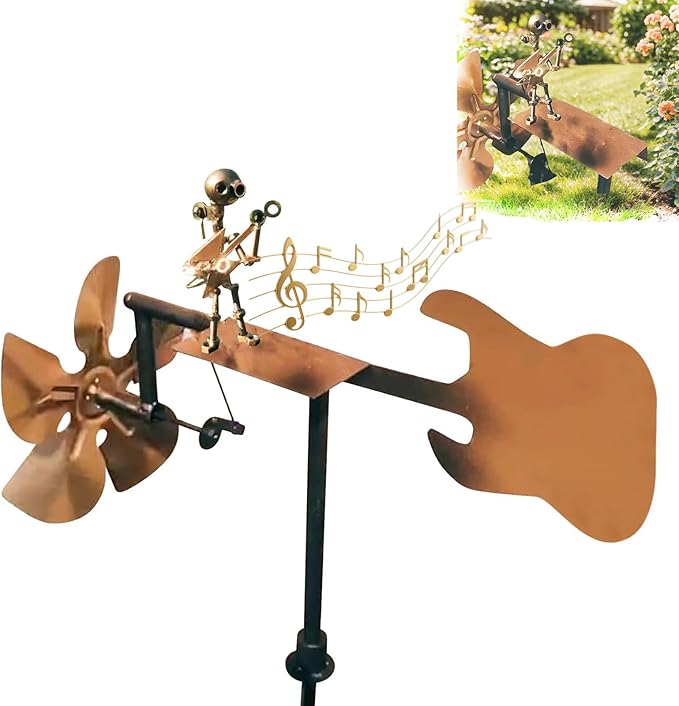 Garden Handmade Metal Rock Band Drummer Guitar Windmill, Kinetic Art Metal Sculpture Wind Spinners, Percussionist Music Rockin Art Figurine, Windmills for Yard Lawn Patio Outdoor Decor (Guitar)