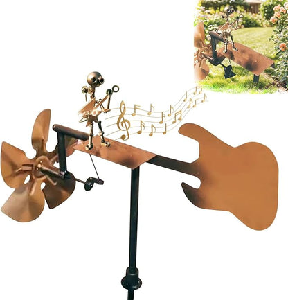 Garden Handmade Metal Rock Band Drummer Guitar Windmill, Kinetic Art Metal Sculpture Wind Spinners, Percussionist Music Rockin Art Figurine, Windmills for Yard Lawn Patio Outdoor Decor (Guitar)