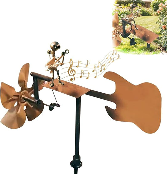 Garden Handmade Metal Rock Band Drummer Guitar Windmill, Kinetic Art Metal Sculpture Wind Spinners, Percussionist Music Rockin Art Figurine, Windmills for Yard Lawn Patio Outdoor Decor (Guitar)