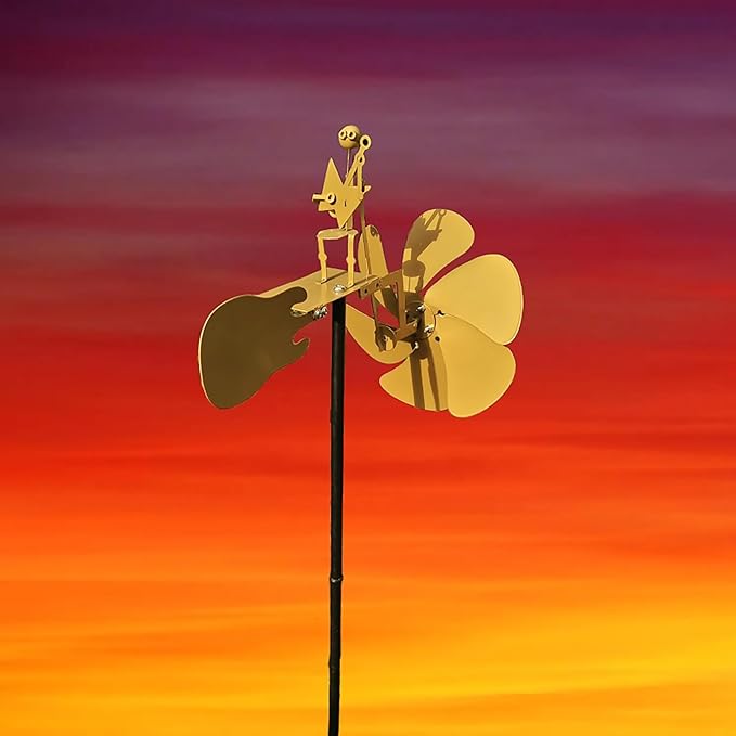 Handmade Metal Drummer Rock Band Guitar Windmill, Wind Powered Kinetic Sculpture, Garden Outdoor Wind Mill Spinner for Yard Lawn Garden Patio Rockin Art Figurine Decor (Gold-Guitar)