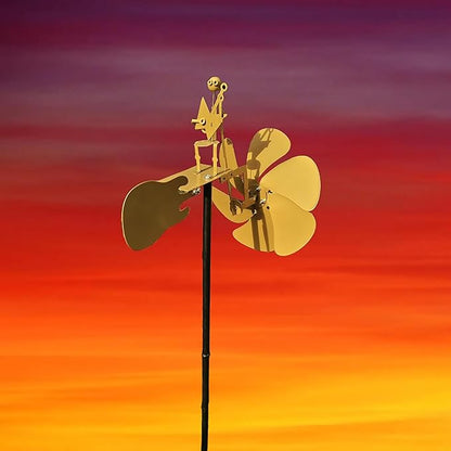 Handmade Metal Drummer Rock Band Guitar Windmill, Wind Powered Kinetic Sculpture, Garden Outdoor Wind Mill Spinner for Yard Lawn Garden Patio Rockin Art Figurine Decor (Gold-Guitar)
