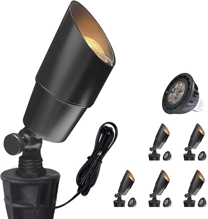 COLOER Brass Low Voltage Landscape Spotlight(Black) 6-Pack with 5W Aluminum Housing MR16 LED Bulb 2700K 450LM CRI85+,12V AC/DC Outdoor Uplighting, Directional Garden Patio Spot Up Light(101B-Black)