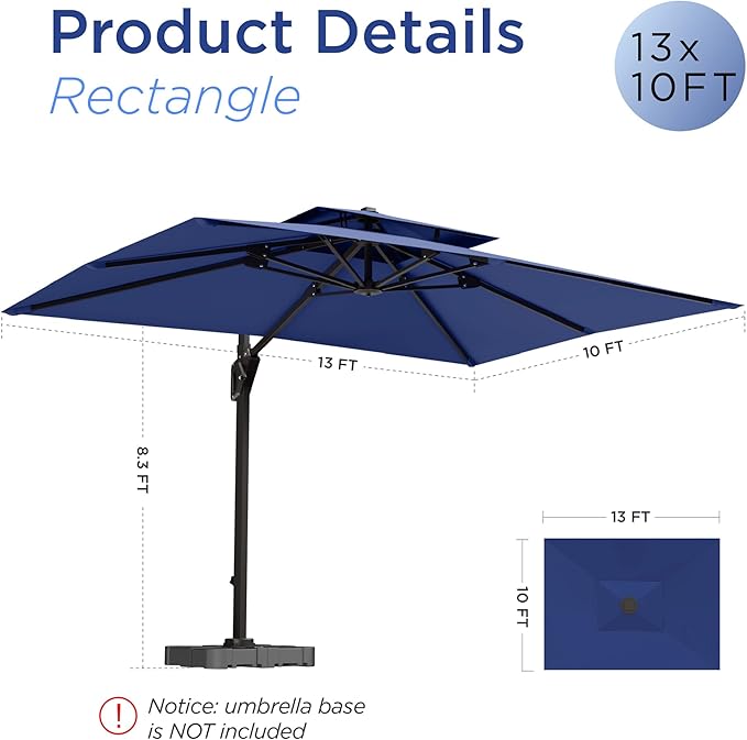 10' X 13' Patio Umbrella Outdoor Large Rectangle Offset Cantilever Umbrellas Double Top Heavy Duty Windproof with 360-degree Rotation for Pool Garden Deck