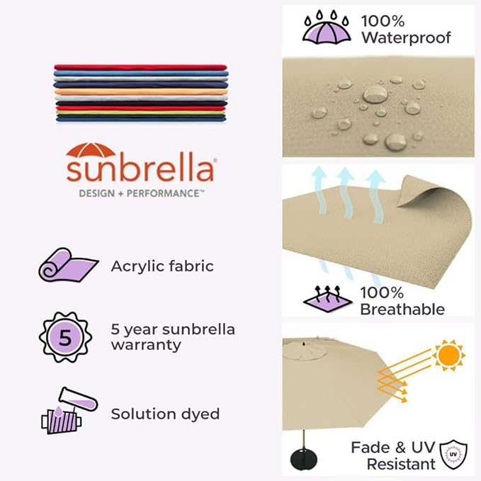 Midtown Umbrellas Push Pop Sunbrella Umbrella 10 Feet Large Outdoor Umbrella With Heather Tan Acrylic Fabric - Deck Patio Umbrella, Backyard Umbrella, Garden Umbrella & Pool Umbrella - Black Pole