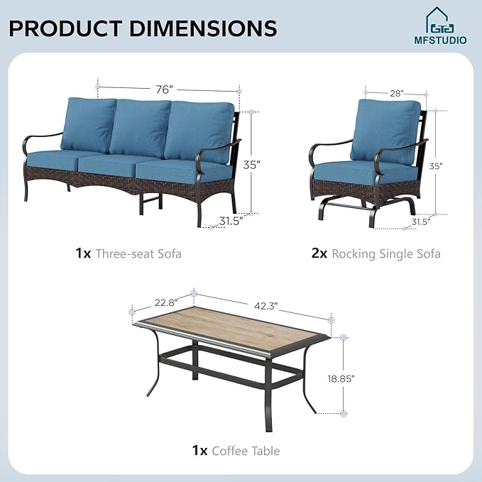 MFSTUDIO 4 Pieces Outdoor Patio Furniture Set, Metal Outdoor Conversation Set, Rattan Wicker Patio Sectional Sofa Set with 2 x Rocking Single Sofa, 3-Seat Sofa, 1 x Coffee Table, Navy Blue