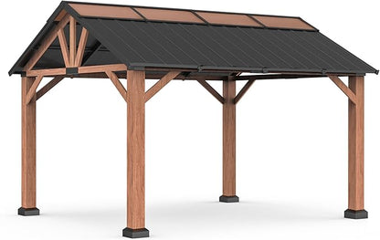Macrout 11'x13' Hardtop Gazebo with Gabel Roof Canopy and Aluminium Frame, Outdoor Grill Gazebo Pergola for Patio, Backyard and Party, 4944 (Gable Roof + Brown Frame, 11'x13')