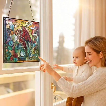 Rectangle Blood Dragon Stained Glass Window Hanging Sun Catcher Halloween Haning Ornament Decoration Christmas Birthday Gifts for Lover, Friends