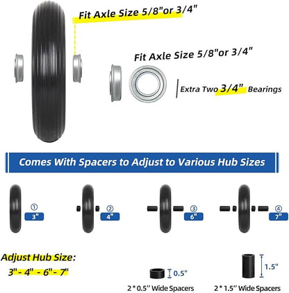 14.5" Wheelbarrow Flat Free Tire, Fits 4.80/4.00-8, 3.50/2.50-8, 4.00-6, 4.00-8, Wheelbarrow Wheels, 5/8" Bearing with Extra 3/4" Bearing, 3" -6" Centered Hub