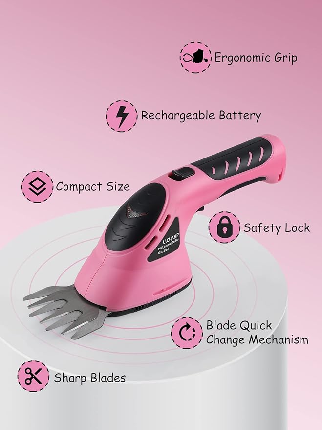 Lichamp 2-in-1 Electric Hand Held Grass Shear Pink Hedge Trimmer Shrubbery Clipper Cordless Battery Powered Rechargeable for Garden and Lawn, CGS3602PK Pink