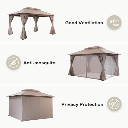 Outdoor Patio Gazebo 10x13FT, Heavy Duty Party Tent & Shelter with 2-Tier Roof and Expansion Bolts, Mosquito Nettings and Privacy Screens for Backyard, Garden, Poolside, Khaki