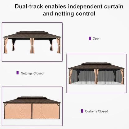 PURPLE LEAF 12' X 24' Hardtop Gazebo Patio Wide Aluminum Frame Metal Double Roof with Heavy Duty Netting and Curtains for Permanent Hard Top Pavilion Screen Khaki