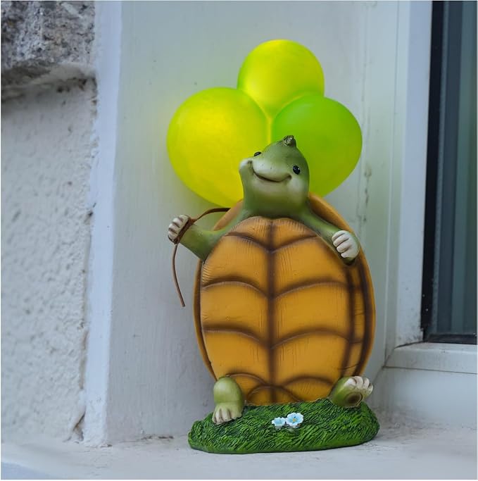 WHIMSYNOOK 10.2" Resin Turtle with Balloon Solar LED Garden Statue Light, Ideal for Porch, Lawn, Yard, Housewarming, or Birthday Gifts for Mom, Family, and Turtie Lovers