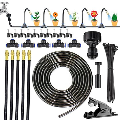 360° Automatic Drip Irrigation Kit - 5/16'' Tubing, Adjustable Spray Nozzle, Copper Atomizing System for Garden/Lawn/Greenhouse, Multi-Directional Rotation, Quick Connectors, 16.4FT