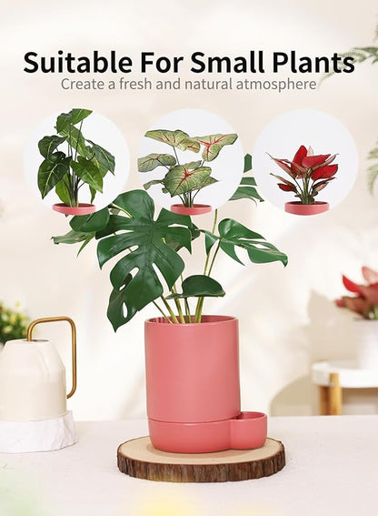 5.5 Inch Ceramic Self Watering Planters with Absorbent Cotton Rope, Cylinder Round Flower Pot for Succulent, Herbs, African Violets, Pink, 1 Pack