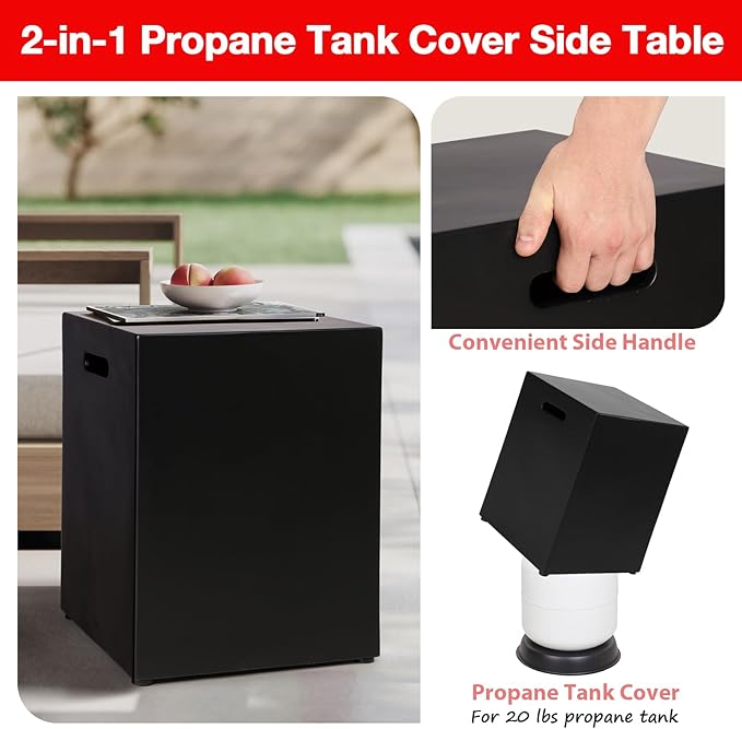 Propane Tank Cover Table, Modern Outdoor Gas Tank Covers, φ16 X 20inch Concrete Tank Storage Box Hideaway Table for Propane Gas Fire Pit and Rectangular Tank Holder with Handles (Black)