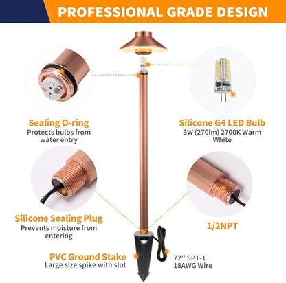 Gardenreet LED Brass Copper Landscape Path Lights(Hat), Waterproof Outdoor 12V Low Voltage for Walkway Driveway Garden Yard with Ground Stake with 3W 2700K G4 Bulb(6 Pack)