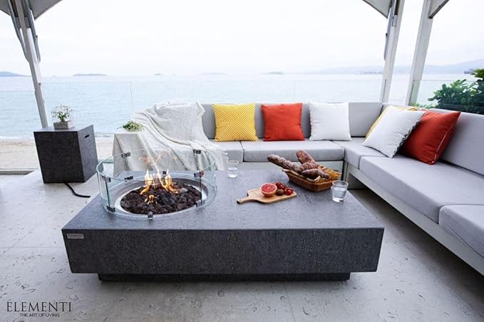 Elementi | Bundle Metropolis Gas Fire Pit Cast Concrete 56" Rectangular Fire Table, Outdoor Fire Pit Electronic Ignition | Canvas Cover, Lava Rock Included | Light Gray (Propane Gas)
