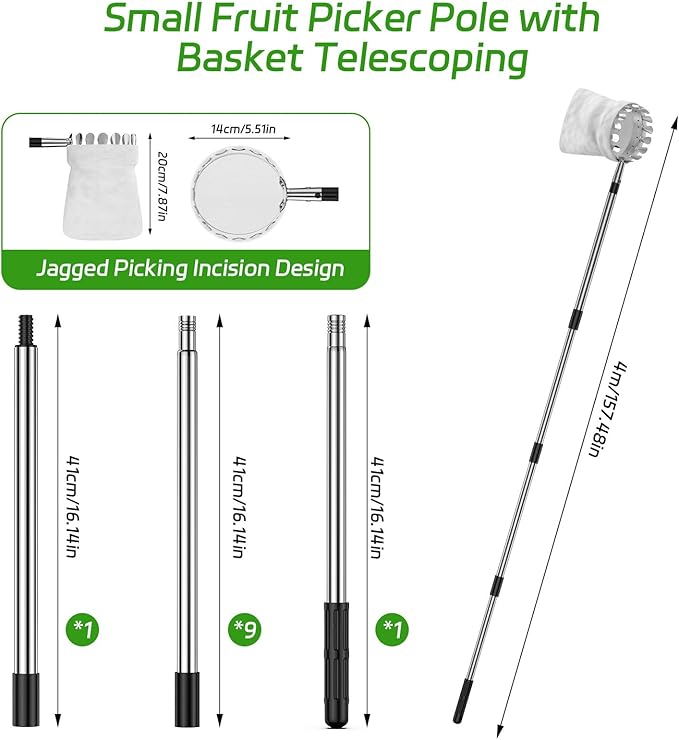 13.8 FT Fruit Picker Tool with Stainless Steel Pole & Soft Basket – Adjustable Tree Fruit Harvester for Apple, Mango, Avocado, Orange, Pear, Lemon & More – Lightweight & Rust-Resistant