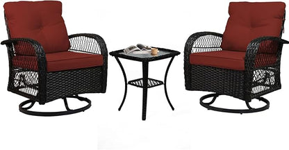 Patio Furniture Set Swivel Rocker, Outdoor Patio Chairs, 3 Piece Suit Porch Furniture Rocking Set, Backyard Rocker Rattan Chair, with Thickened Cushions and Glass Coffee Table(Wine Red)