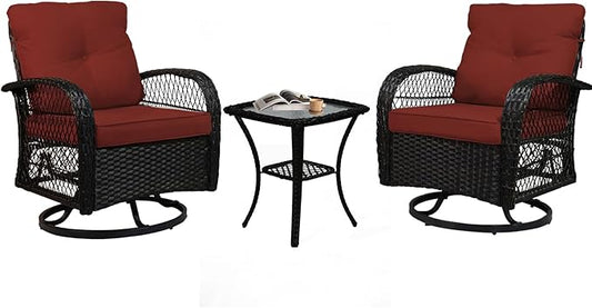 Patio Furniture Set Swivel Rocker, Outdoor Patio Chairs, 3 Piece Suit Porch Furniture Rocking Set, Backyard Rocker Rattan Chair, with Thickened Cushions and Glass Coffee Table(Wine Red)