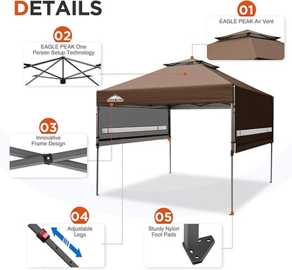 EAGLE PEAK 17x10 Pop up Gazebo Canopy Tent Outdoor Instant Canopy Shelter with Adjustable Dual Half Awnings (Brown)
