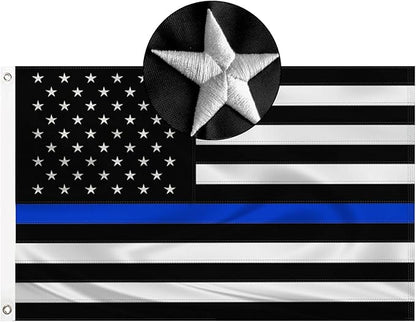 Embroidered Thin Blue Line Police Flag 3x5 Outdoor Lives Matter Law Enforcement Banner Polyester Fiber Back the Blue Flag Bright Color with Durable Canvas Header and 2 Brass Grommets