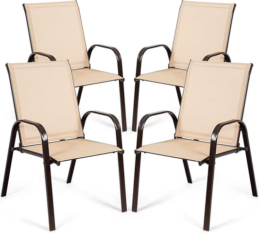 Tangkula 4 Piece Patio Dining Chairs, Outdoor Bistro Chairs W/Curved Armrests, Easy-to-Dry Fabric, Reinforced Steel Frame, Wide & Comfortable Camping Chairs for Garden, Poolside, Backyard (2, Beige)