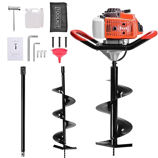 72CC Post Hole Digger, 2 Stroke Auger Post Hole Digger Gas Powered with 2 Augers Drill Bits 6" 8"+1 Extension Rod 31.5", Earth Auger Fit for Farm,Garden