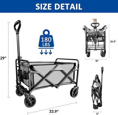 Collapsible Wagon Cart Foldable Portable Heavy Duty Folding Beach Wagons, Outdoor Utility Carts with Large Capacity for Grocery, Camping, Shopping, Fishing, Sports, Garden Gray