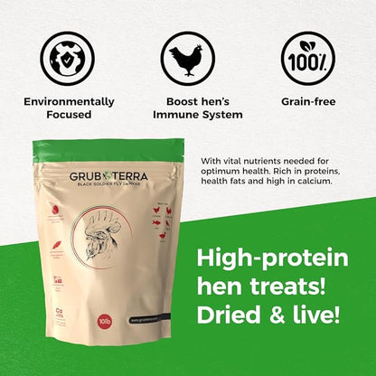 GrubTerra Golden Dried Black Soldier Fly Larvae - Premium Supplement to Increase Egg Production for Hen Treats, Bird Feed, Chicken Feeder, Pet Bird Food, and Wildbird Feed, Never from China! (10lb)