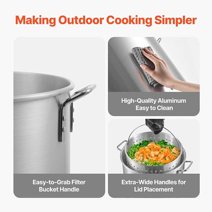 VEVOR 80 Qt Seafood Boiling Kit with Strainer, Outdoor Seafood Boil Pot and Basket, Cooking Set for Crab Crawfish Lobster Boiling, Aluminum Stockpot with 100,000 BTUs Propane Burner and Steamer Rack