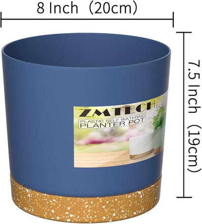 ZMTECH Plant Pots, Set of 3 8'' Self Watering Plastic Planter with Drainage Hole and Saucer, Modern Decorative Flower Pot for Indoor Outdoor House Plants, Succulents, Flowers - Blue