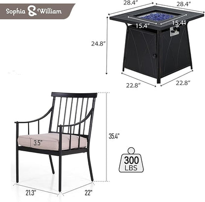 Sophia & William 5 Pieces Outdoor Dining Set with Fire Pit Table, Outdoor Patio Furniture Conversation Set with 4 Chairs & 50,000 BTU Square Propane Firepit Table for Porch Deck