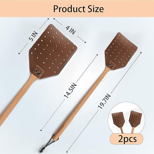 Leather Fly Swatter - Heavy Duty Manual Fly Swatter with Wood Handle, Durable Leather Fly Swatter for Indoor and Outdoor Use (Brown)