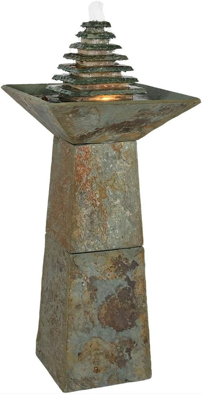 Sunnydaze 40-Inch Slate Outdoor Water Fountain - Layered Pyramid Outdoor Water Feature with LED Lights for Patio, Deck, Garden