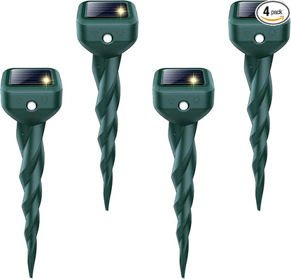 Mole Repellent Solar Powered, 4 Pack Snake & Skunk Repellent for Yard, IP 65 Waterproof Ultrasonic Deterrent Stakes, Get Rid for Rabbit, Gopher, Vole, Chipmunk, Deer, Groundhog for Lawns Garden