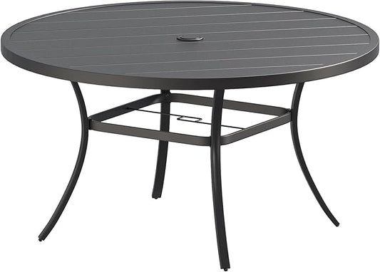 VICLLAX Outdoor Patio Round Dining Table, 50"x 50" Metal Slatted Round Tabletop with Adjustable Umbrella Hole for Deck Lawn Garden Backyard, Black