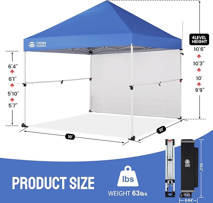 CROWN SHADES 10x10 Pop Up Canopy Tent with 1 Comercial Kit, Instant Commercial Tent with Patended Centerlock, 400D Silver Coated Fabric, 1 Sidewall, 4" Wheels, Sto'N Go Bag,Blue