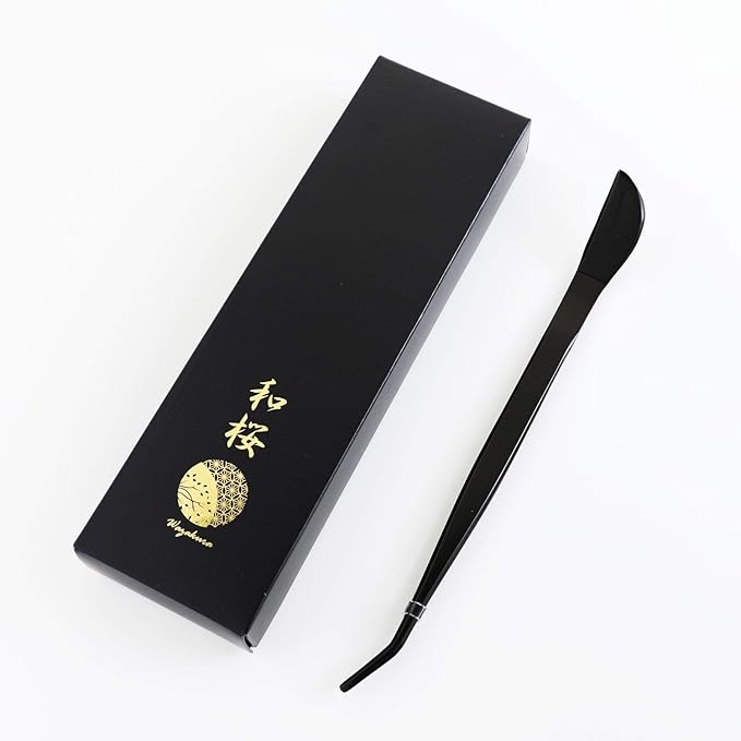 Wazakura Bonsai Curved Tip Tweezer with Spatula MADE IN JAPAN 8.6in(220mm) Stainless Steel Black Coated - Black