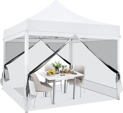 COBIZI 10x10 Heavy Duty Pop Up Canopy with 4 Mosquito Netting Wall, Easy Set Up Commercial Gazebo Party Tent, Outdoor Instant Screen Canopy for Backyard, Patio, Garden, White