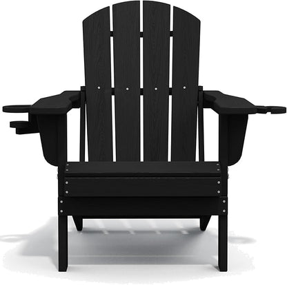 SERWALL HDPE Folding Adirondack Chair with Dual Cup Holder - Composite Adirondack Chair Set of 8- Black