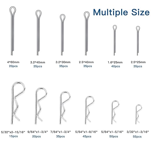 Boatsea 420Pcs Cotter Pin Assortment Kit R Clips Spring Retaining Hair Pins Assortment Kit, Including 6 Sizes 200PCS Cotter Pins and 6 Sizes 220PCS Hairpin Pins, Zinc-Plated